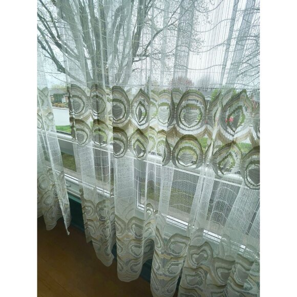 Vintage 70s pleated curtain, white with green/yellow groovy pattern, for 1 - Picture 3 of 10